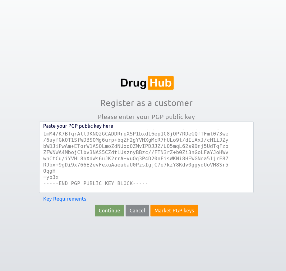 Drughub Market registration with PGP public key field